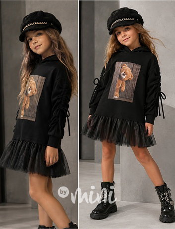 Teddy mikinová hoodie tunika s tylem černá