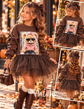 Podzimní mikinová tunika s tylem Miss teddy hnědá