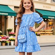 Letní puntíkaté šaty s kabelkou modré