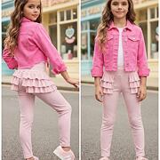 Žebrované legíny s volánky růžové