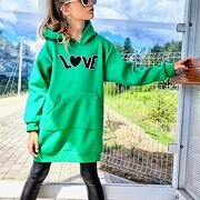 LOVE flísové mikinové hoodie šaty zelené