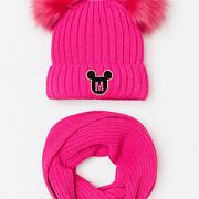 Zimní kulich s pompony + nákrčník PINK