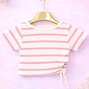 Pruhované crop triko na stahování white/pink