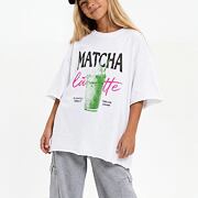 Matcha latte oversize triko s kamínky bílé