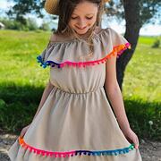 Boho beach dress pompon beige