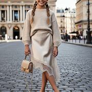 Satin midi sukně s krajkou béžová