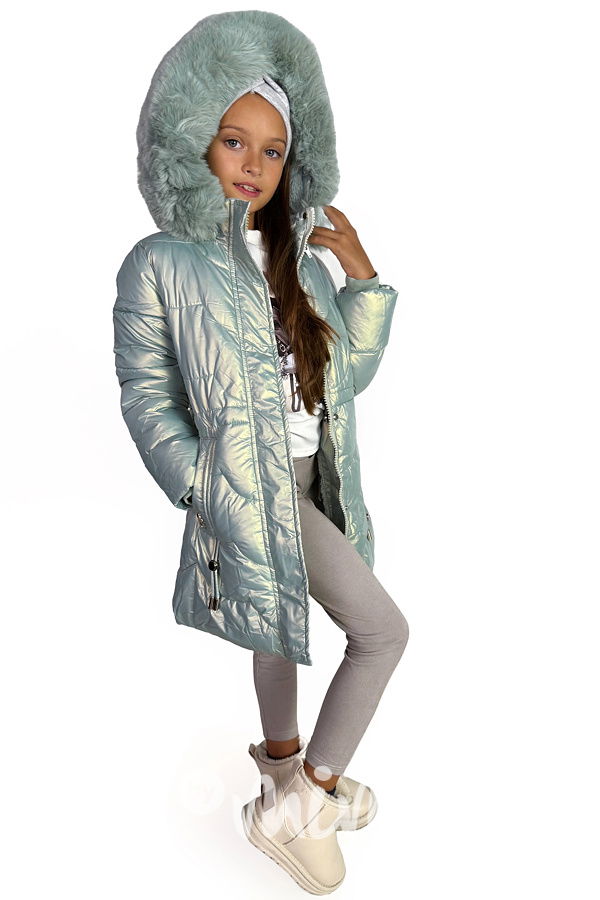 Metalický zimní kabát s kožíškem mint