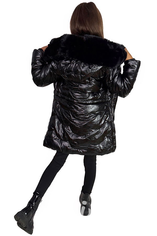 Metalický zimní kabát s kožíškem černý