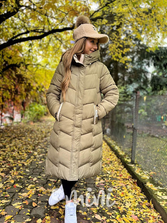 Ultra dlouhý zimní kabát khaki