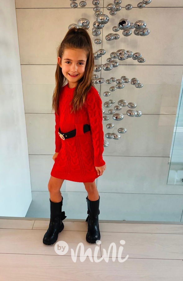 Svetrové šaty s páskem červené