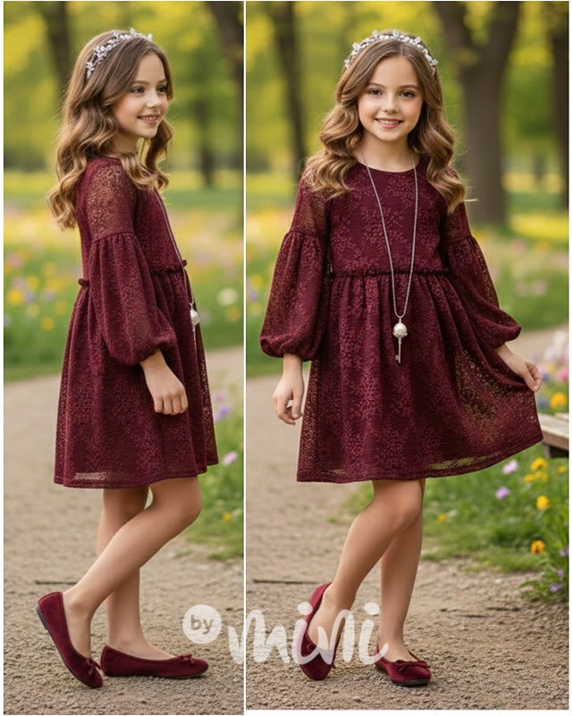 Krajkové boho šaty s řetízkem bordo