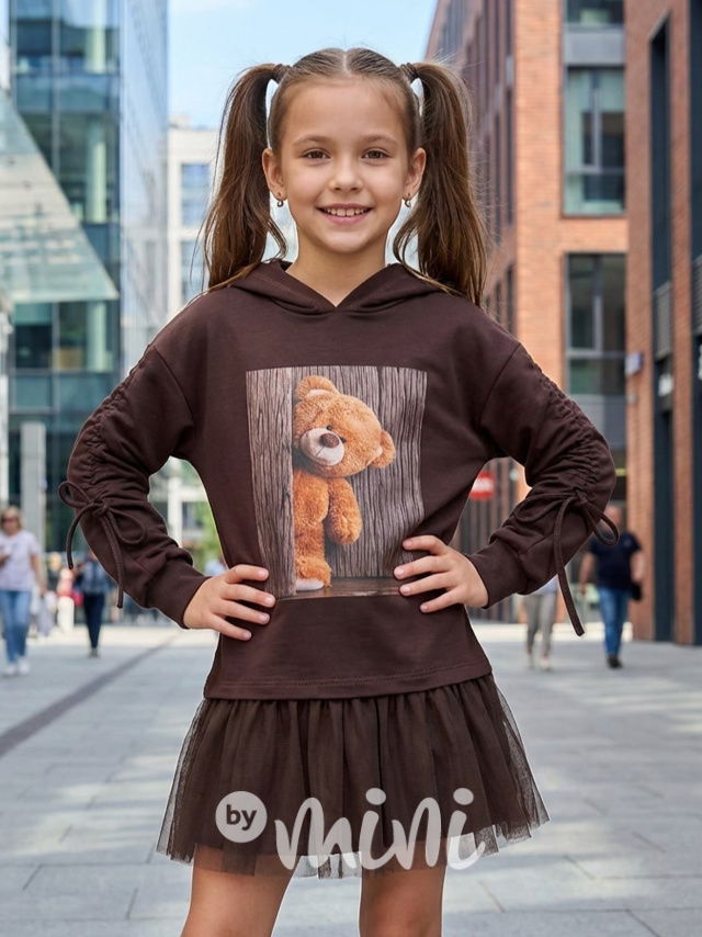 Teddy mikinová hoodie tunika s tylem hnědá