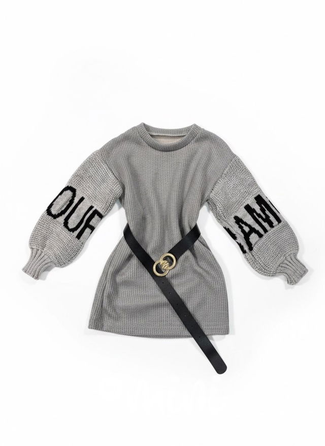 Svetrové šaty s balonovými rukávy a páskem GREY