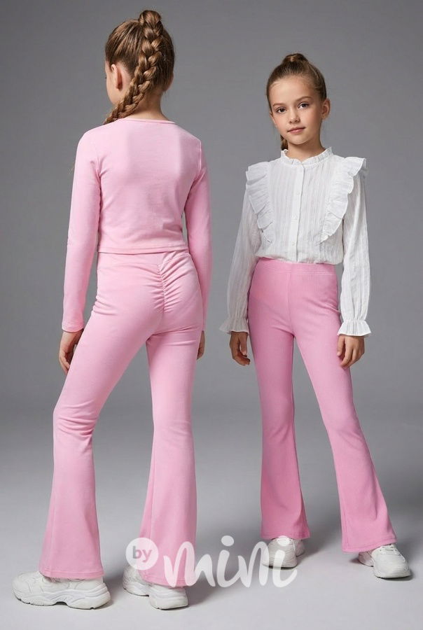 Stretch žebrované zvonáče s řasením vzadu PINK