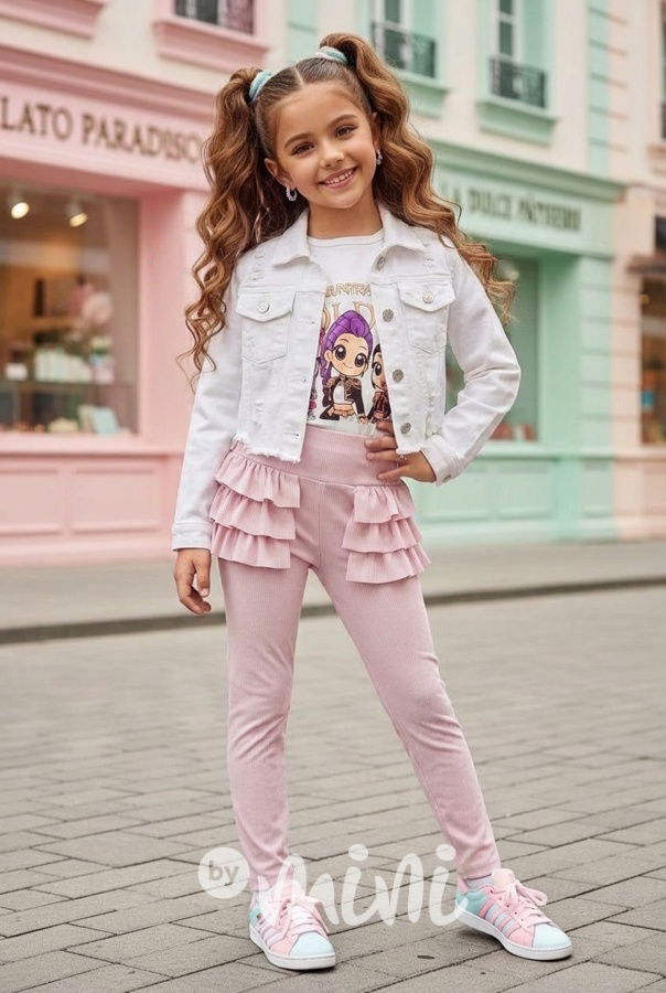 Žebrované legíny s volánky růžové