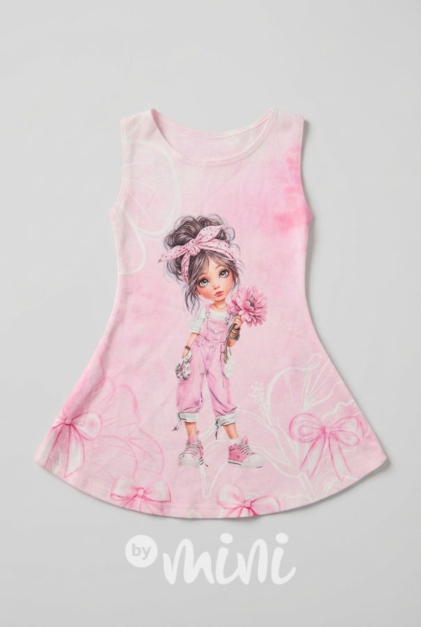 Romantické letní šaty s ilustrací růžové