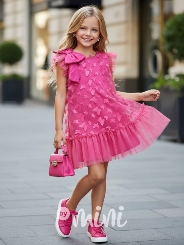 Motýlkové šaty s mašlí magenta