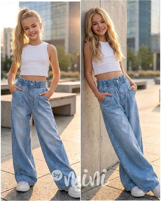 Volné široké denim rifle s mašličkami