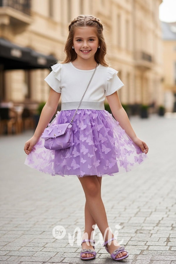 PREMIUM letní motýlkové šaty s kabelkou white/lila