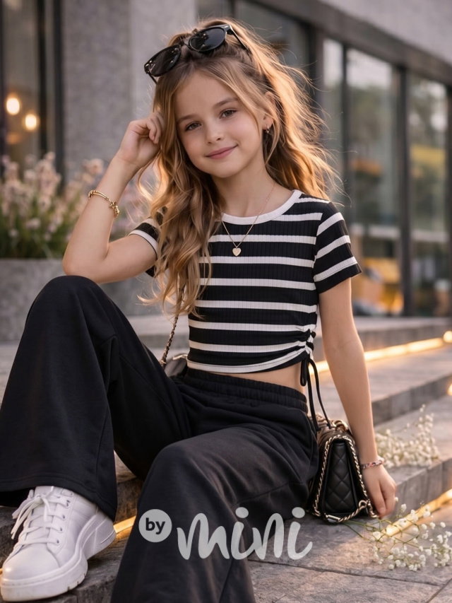Pruhované crop triko na stahování black/white