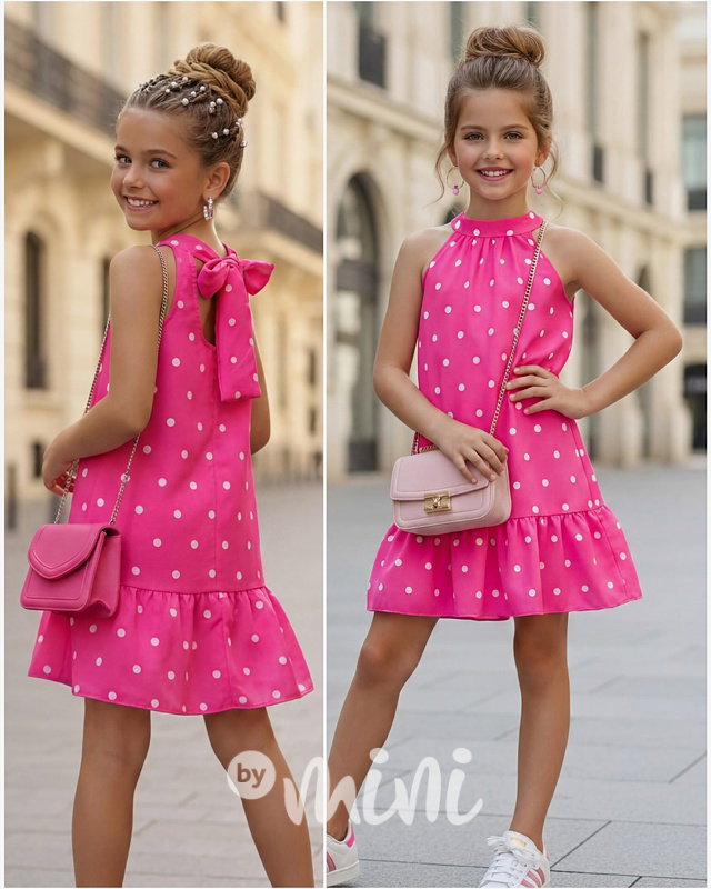 Mini chic šaty s puntíky fuchsie