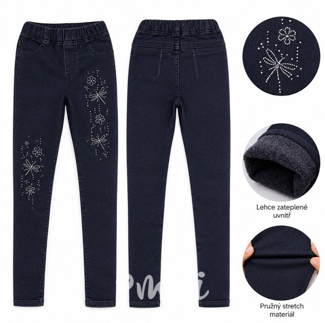 Zateplené slim denim jegginy s kamínky