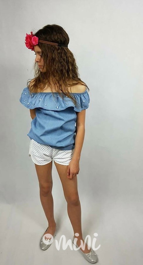 Jeans blůzka hispánka s perličkami