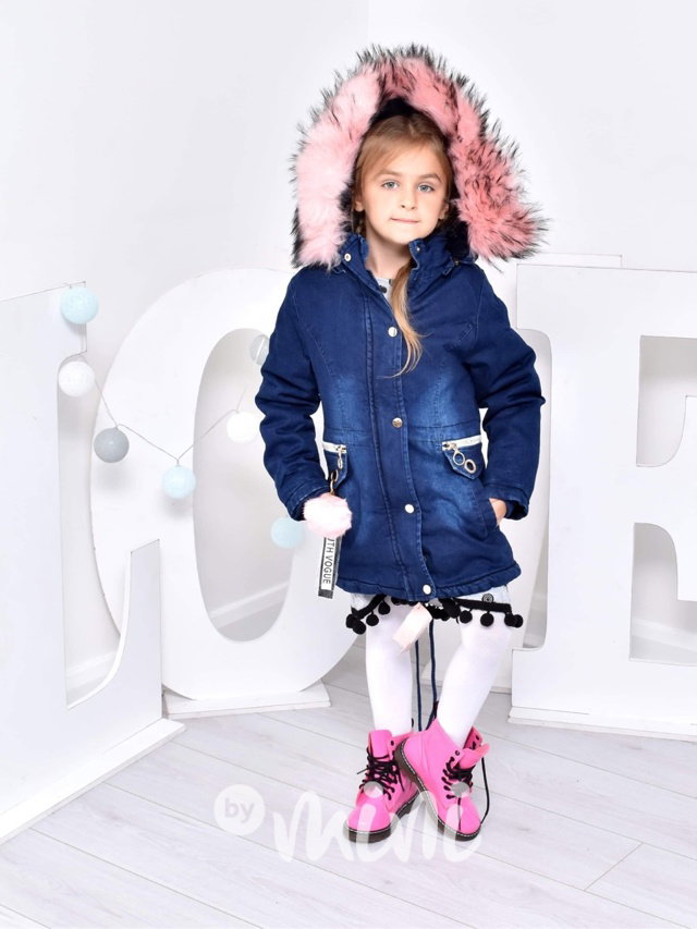 Zimní jeans parka s kožešinkou light pink