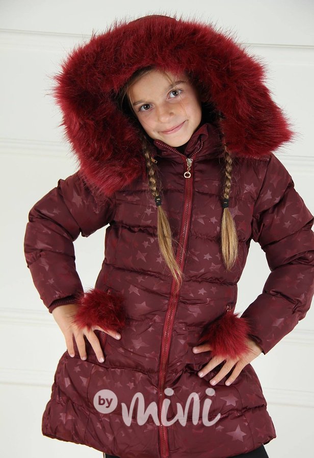 Bordo dívčí zimní kabát s hvězdičkami