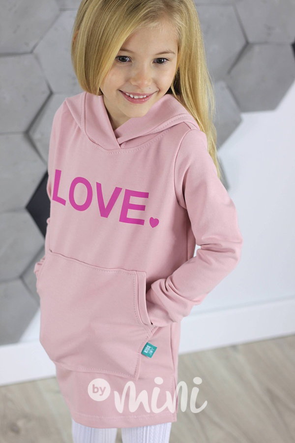 LOVE hoodie dress s kapucí růžová