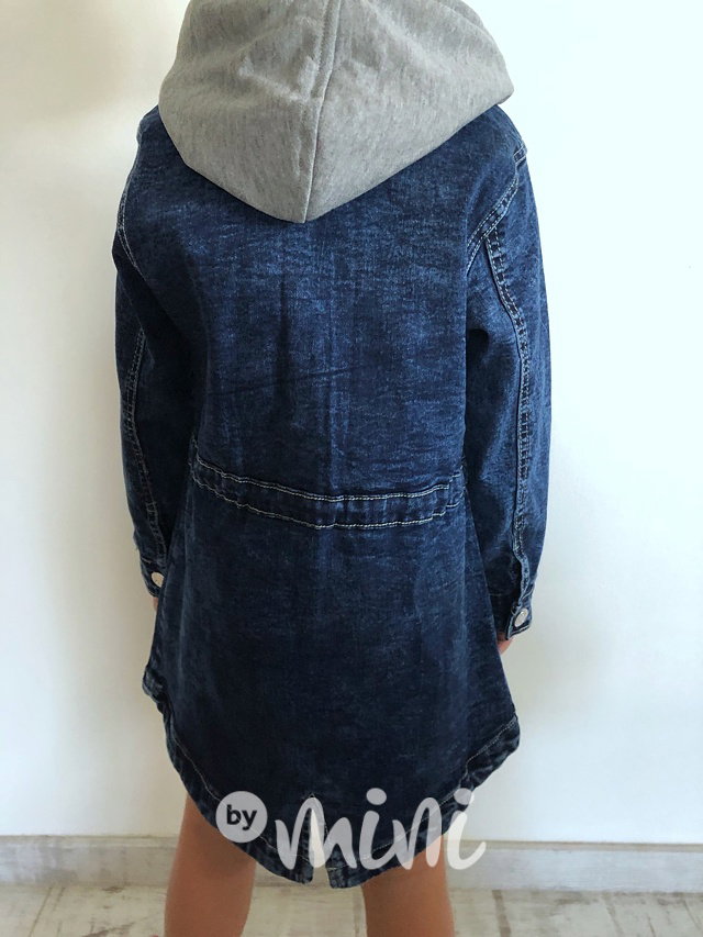 Dlouhý jeans dívčí kabátek s kapucí