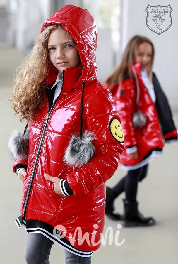 Designový zimní červený dívčí kabát