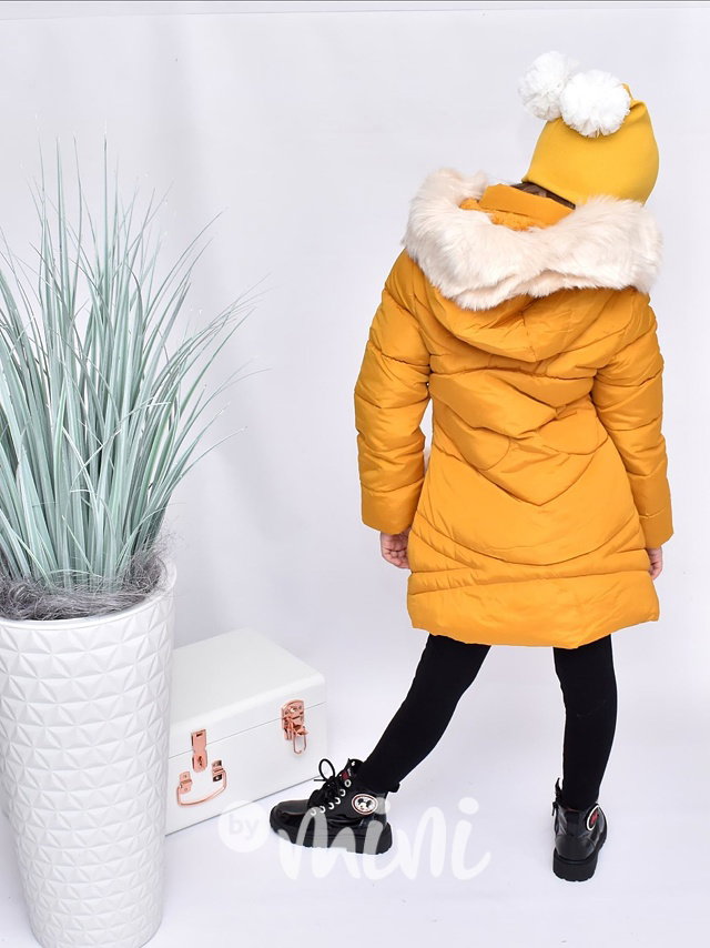 Mustard dívčí zimní kabátek Heart s cream chlupem