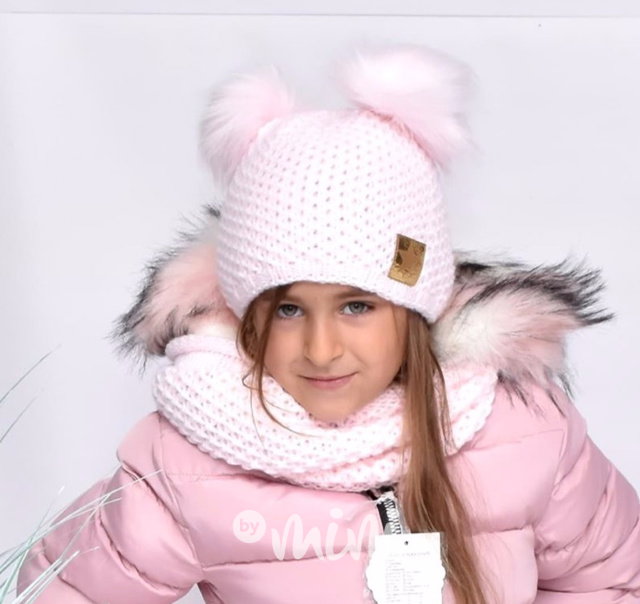 Pompon duo dívčí čepka s nákrčníkem - baby pink