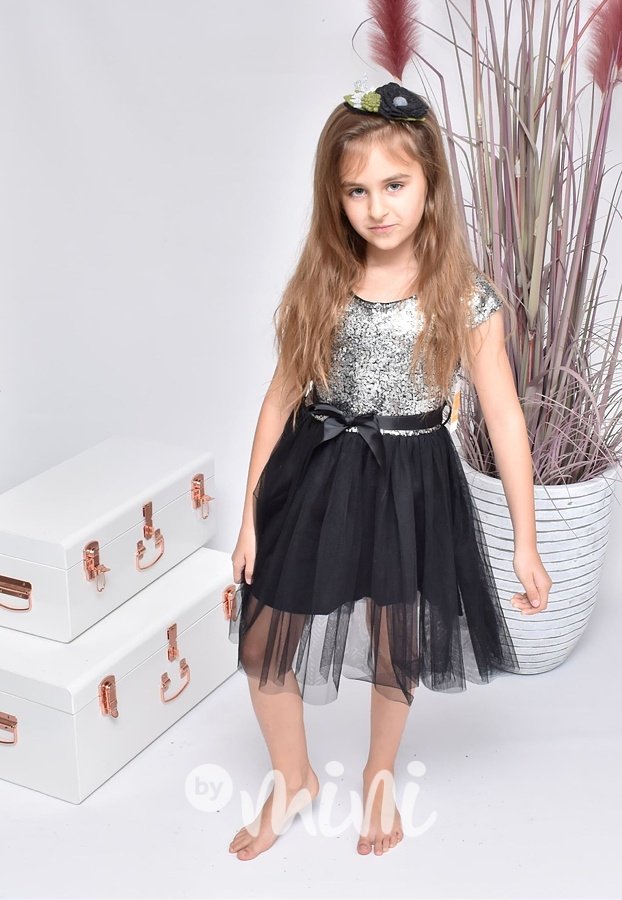 Flitrové dětské šaty s tylovou sukní - silver