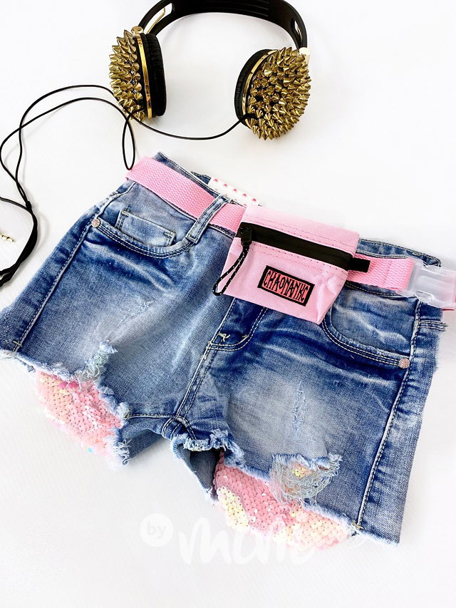 Fashion jeans kraťasy pink pásek
