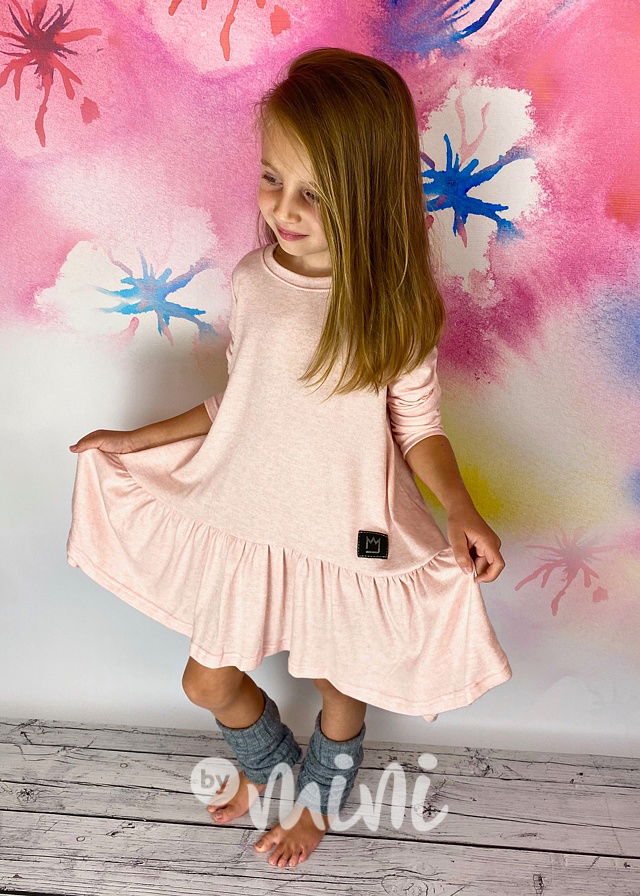 Pudrové dětské šaty s dlouhým rukávem