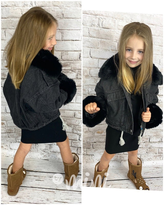 Oversize jeans bunda s kožíškem - černá