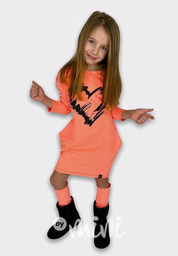 HEART asymetrická dívčí tunika + návleky - neon oranž