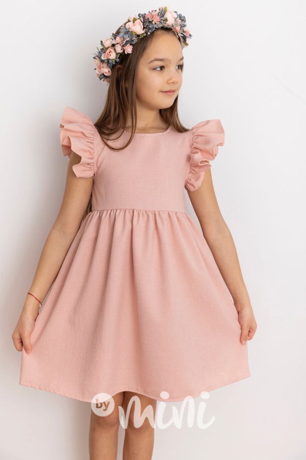Pudder pink šaty s řasenými rukávy