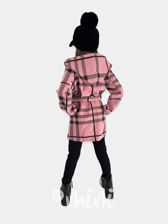 Flaušový hoodie kabát karo pink