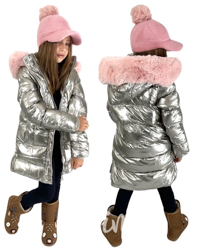 Silver zimní kabát s růžovou kožešinou