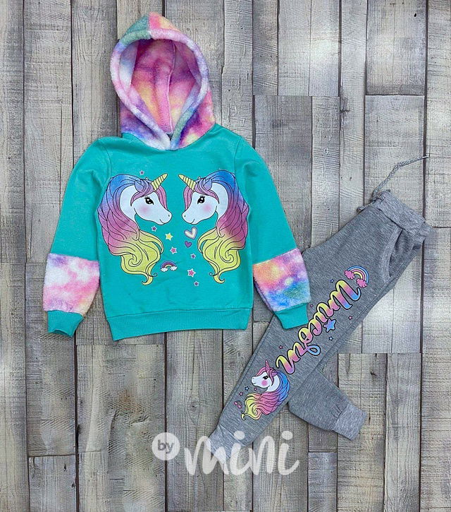 Teploučký UNICORN hoodie mint set