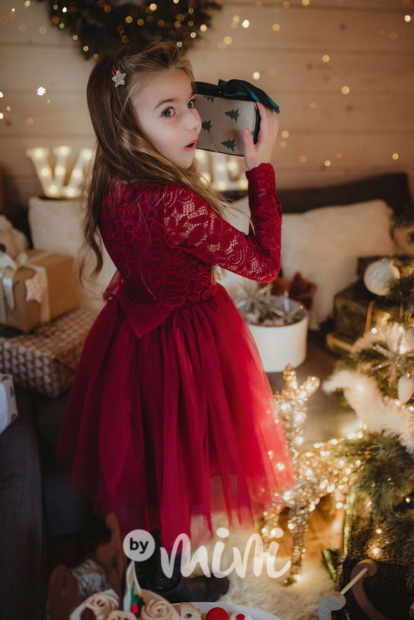 Princess krajkové šaty s maxi tylovou sukní bordo