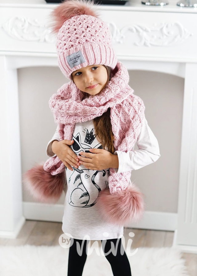 Zimní termo kulich s maxi šálou - pink