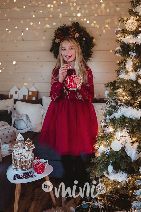 Princess krajkové šaty s maxi tylovou sukní bordo