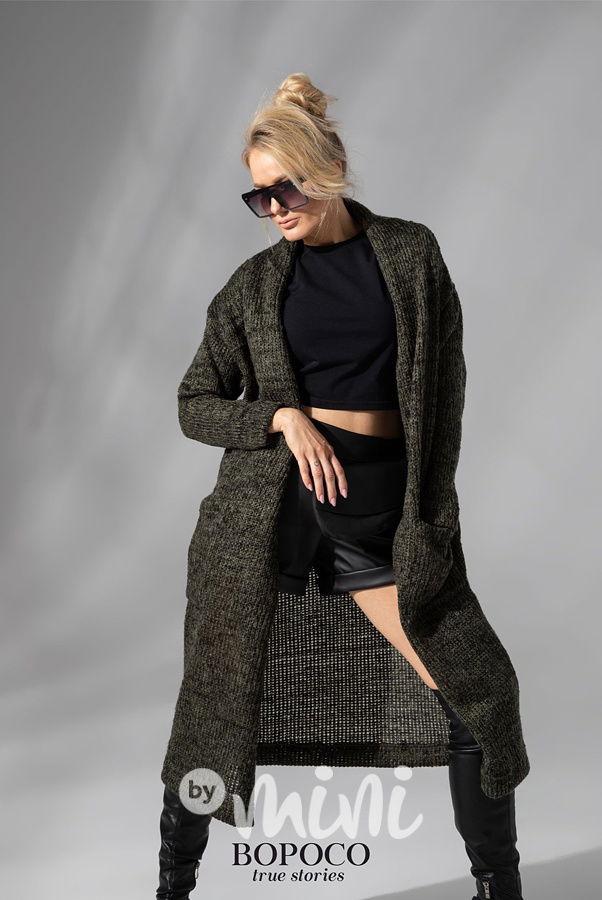 Svetrový long kardigan khaki melange