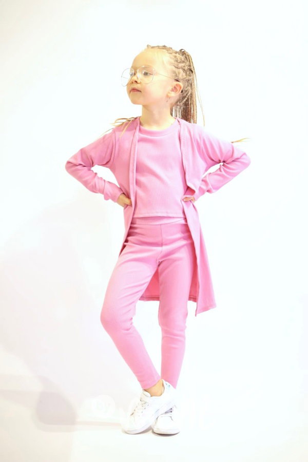 HIT 3-dílný žebrovaný set s kardiganem pink