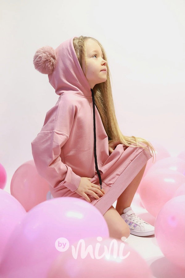 Hoodie mikinová tunika s bambulkama pink