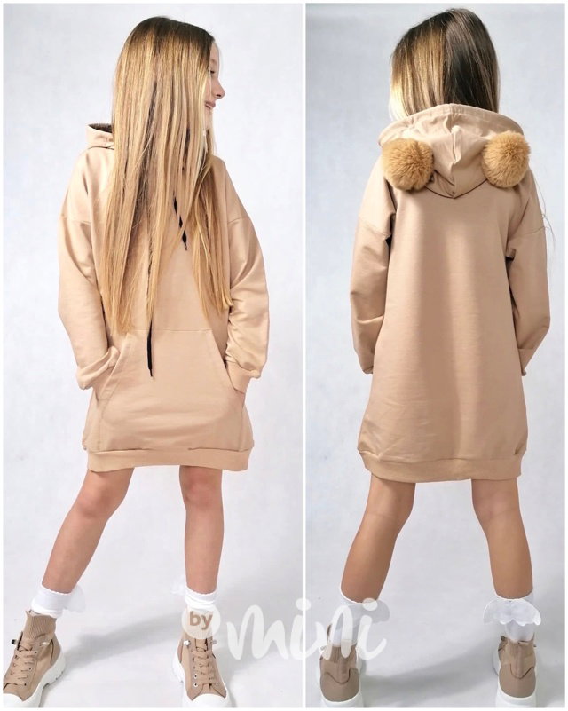 Hoodie mikinová tunika s bambulkama beige